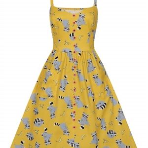 Collectif Kimberly Ravenous Raccoons 60's Swing Dress Yellow Size M with pockets
